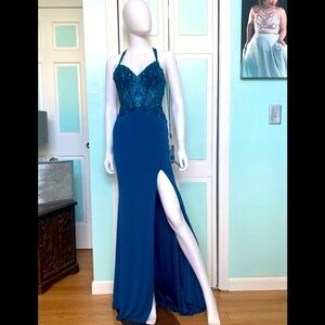 Size 0 Clarisse 8064 Peacock Teal Open Back Side Slit Dress Prom Gown NWT